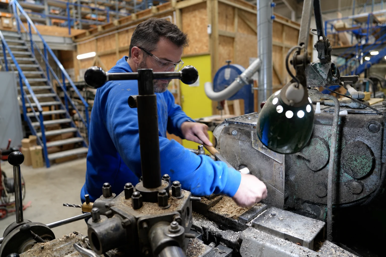 Cue maker working at a lathe in the workshop